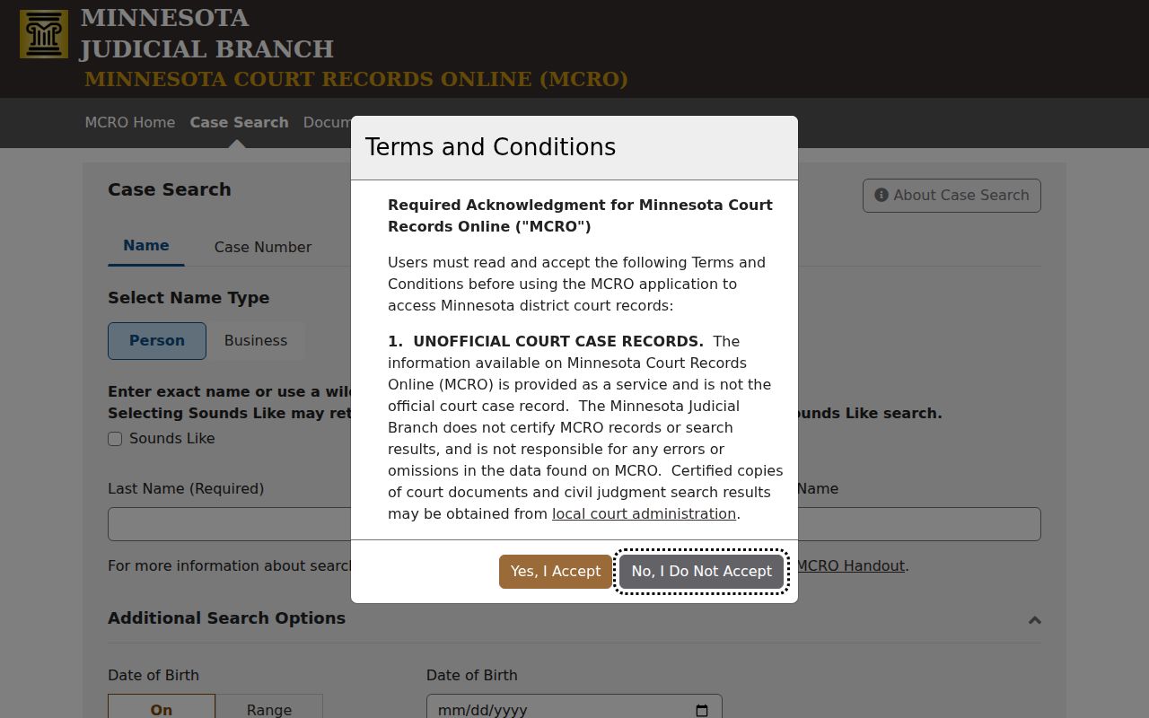 Cass County case lookup MCRO Case Search screen