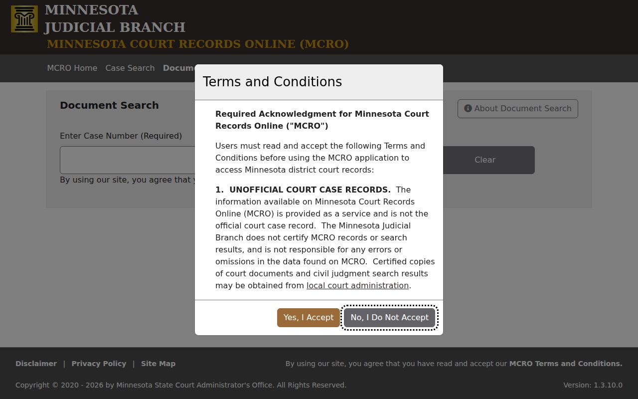 Cass County case lookup MCRO Document Search screen