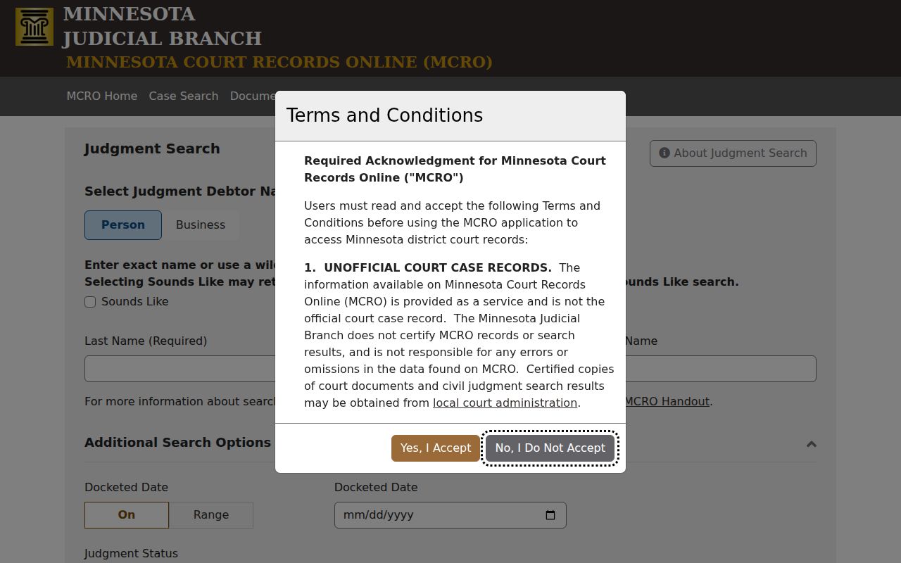 Cass County case lookup MCRO Judgment Search screen