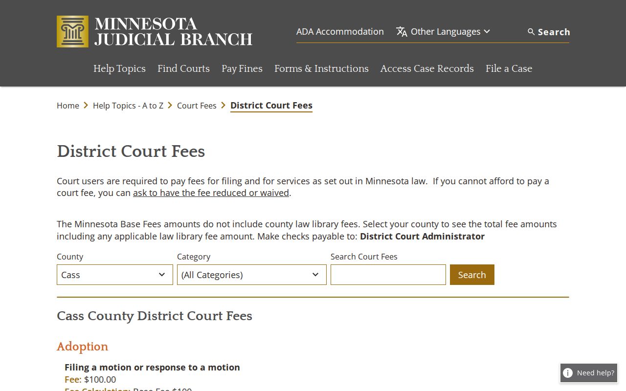 Cass County court record search district court fees