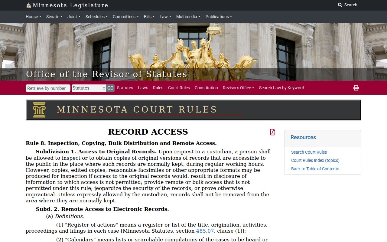 Cass County court record search Minnesota Rule 8 public access rules