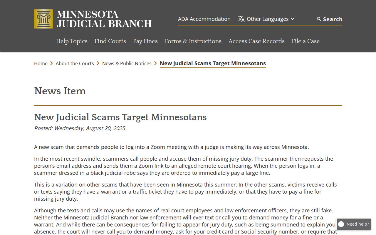 Cass County criminal docket official court scam warning