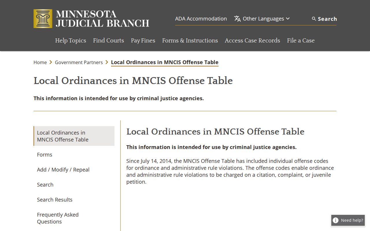 Cass County traffic ticket local ordinances in MNCIS information